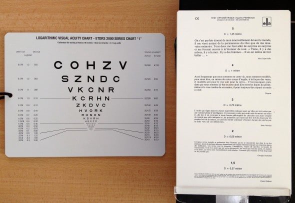 exemple de planche de Parinaud et de planche d'acuité visuelle logarithmique pour la vision de près