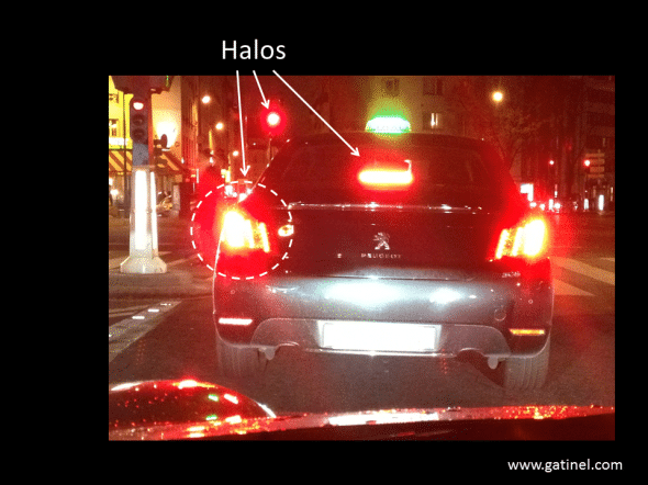 halos nocturnes phares de voiture