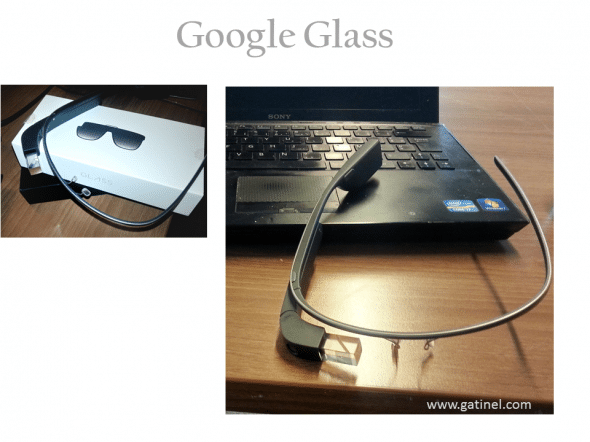 Présentation des Google glass; le bloc opto-électronique est situé sur la branche droite d’une fine monture en titanium. 