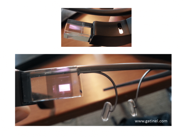 Une fois qu’elles sont allumées, il est possible d’inspecter les Google glass et saisir l’image en réflexion de l’écran d’affichage, dont l’angle apparent augmente notablement une fois la monture chaussée. 